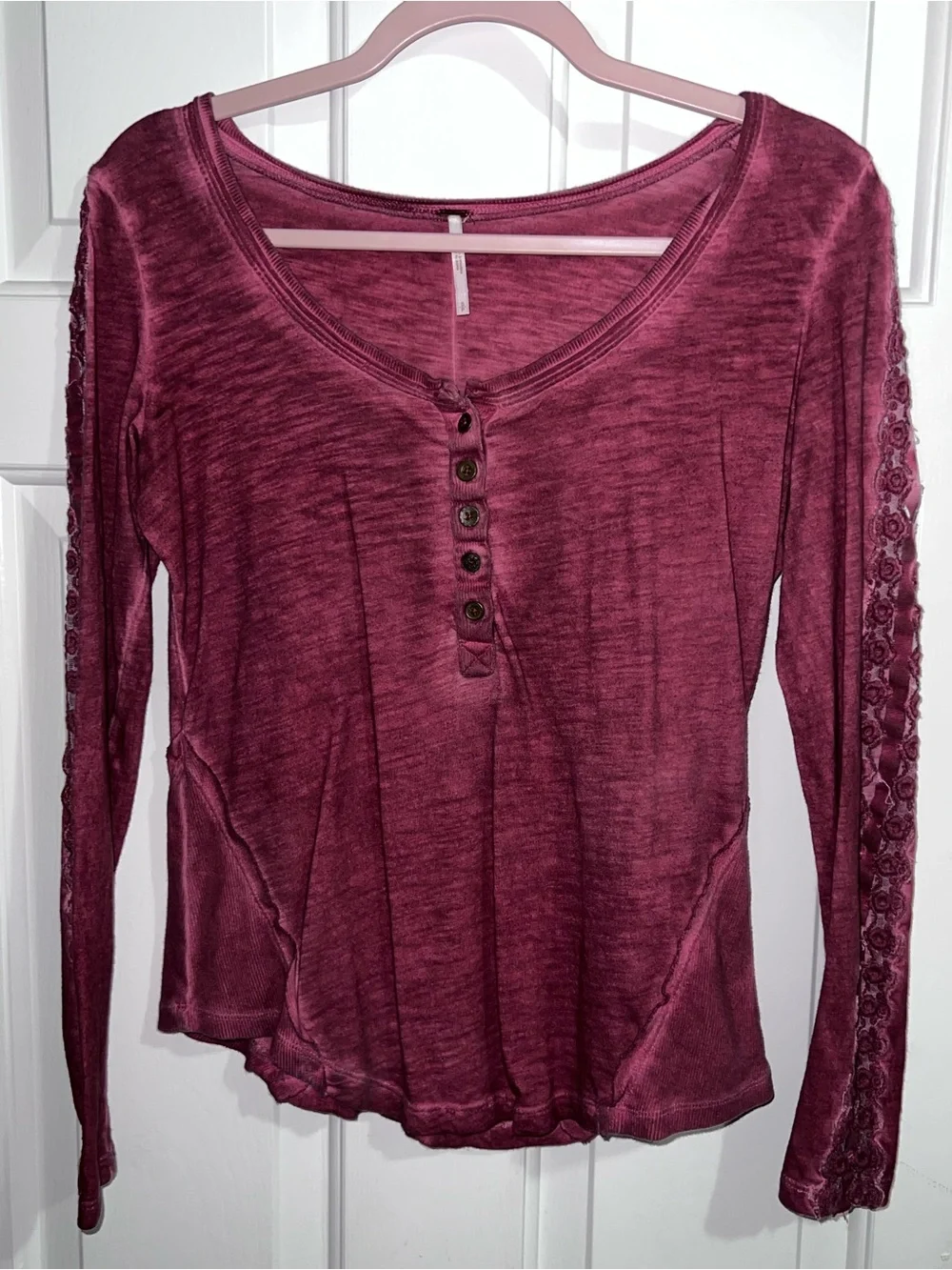 Free People Long Sleeve Henley Top in Wine Red